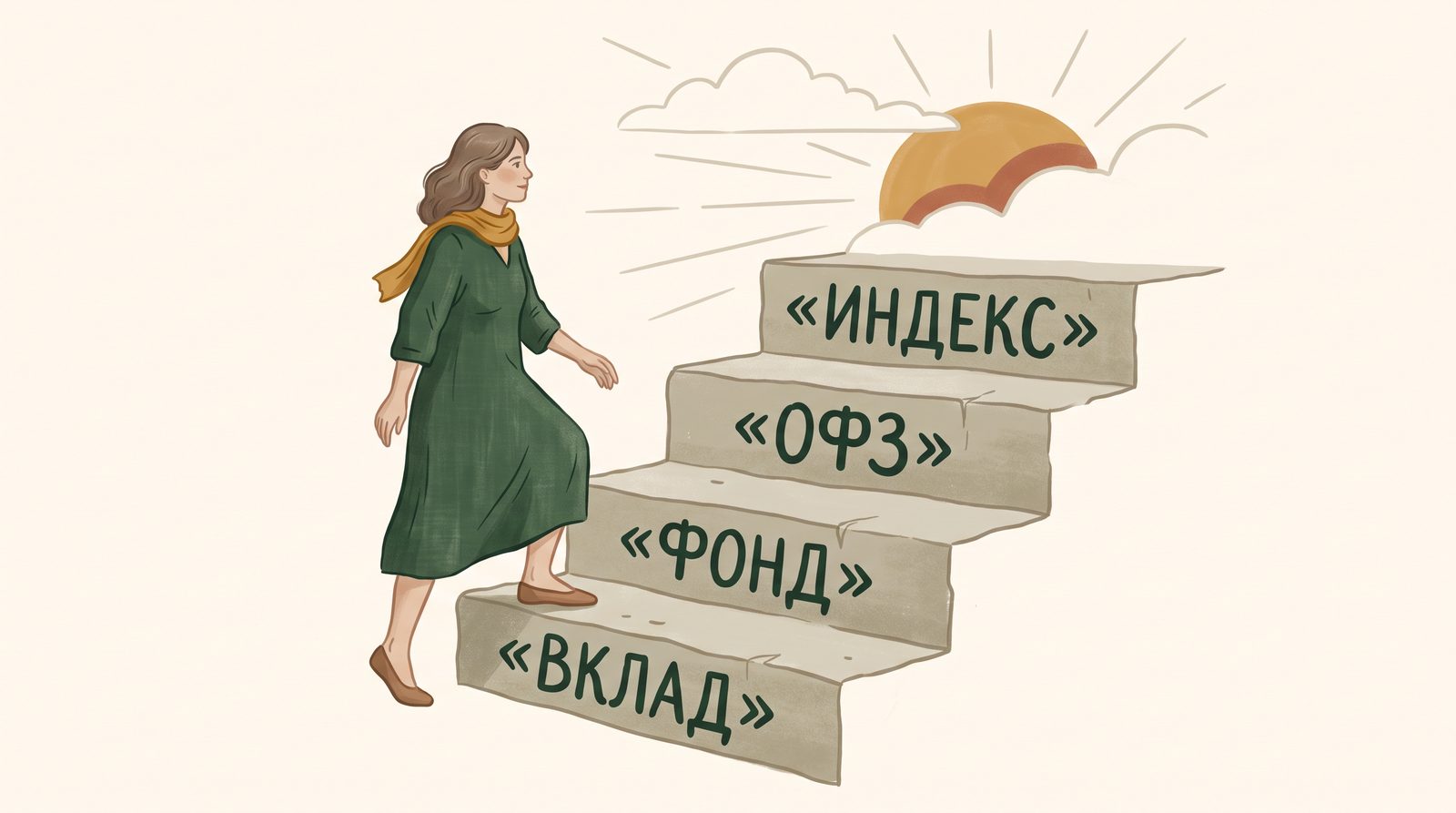 Женщина лет тридцати пяти поднимается по четырём широким каменным ступеням; на ступенях выбито «Вклад», «Фонд денежного рынка», «Гособлигации», «Индексный фонд»; выше ступеней — открытое небо