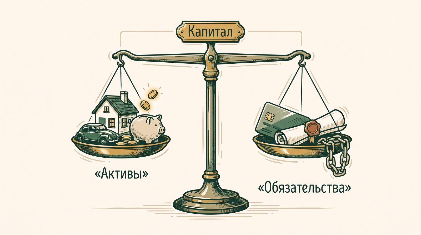 Весы: слева дом, машина, копилка и монеты, справа кредитная карта, договор и цепь; подписи «Активы», «Обязательства», «Капитал»